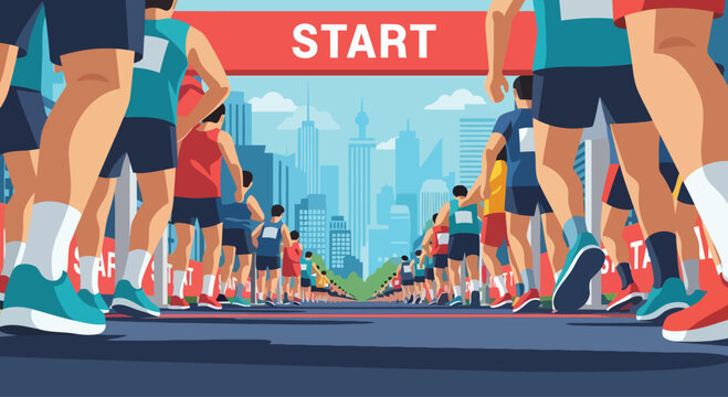 Marathon runners at start line with city skyline background low angle.
