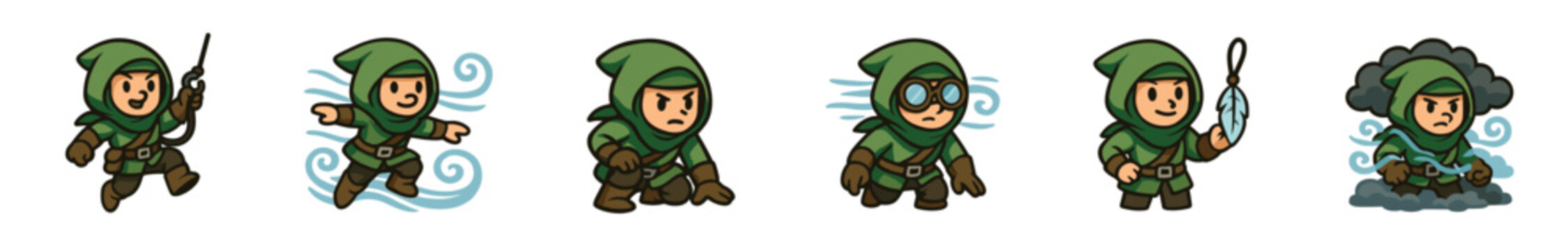 Six cartoon game character sprites of a hooded rogue in green performing actions like jumping, sneaking, and creating a smoke cloud, presented as a character sheet illustration