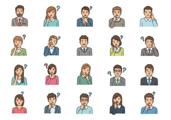 Collection of diverse cartoon people expressing confusion and thinking with question marks above heads, representing doubt, uncertainty and curiosity