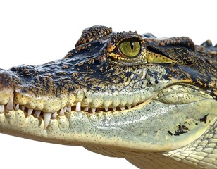 Obraz premium A close-up view presents the textured head of a reptile, with intricate scales and a piercing, yellow eye. Its mouth displays sharp teeth