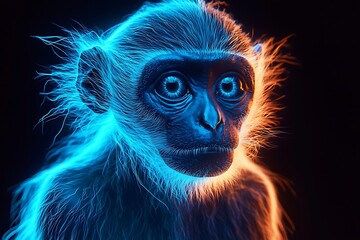 Neon glow monkey portrait dark scene high resolution picture