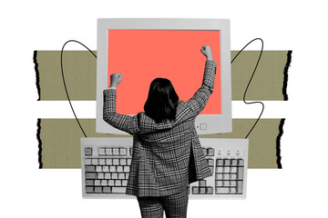 Creative collage picture young woman pc monitor screen display keyboard news propaganda social...
