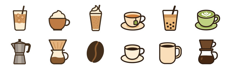 Obraz premium Set of coffee and tea icons featuring various drinks like latte, cappuccino, matcha, and bubble tea, with brewing equipment such as a moka pot and pour-over dripper