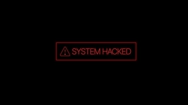 SYSTEM HACKED text with warning icon and glitch background. 4K Animation System Error Security, Hacking Alert, Cyber Crime, Attack Defense Network, Computer Error Distortion. 