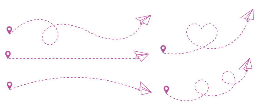 Pink dotted flight path arrows with playful curved routes. Minimal line vector expressing travel, romance, and movement ideas. Ideal for maps, love journeys, infographics, and creative navigation desi