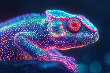 Neon glowing chameleon closeup high resolution picture