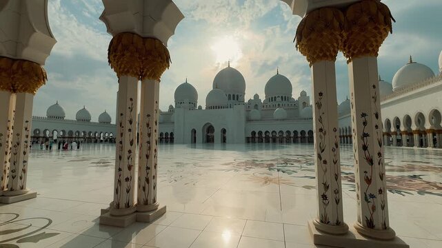 A majestic view of the Sheikh Zayed Grand Mosque in Abu Dhabi. This clip showcases the stunning Islamic architecture, white marble domes, and floral courtyard at sunset.

