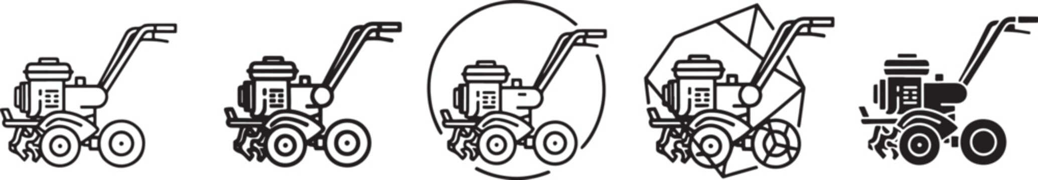 A collection of power tiller and cultivator icons in various design styles for agricultural purposes Vector