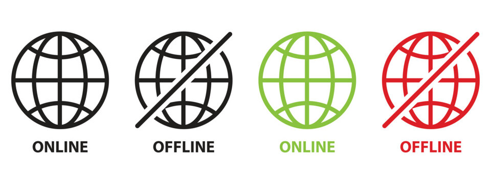 Online and Offline Internet Icons Set, vector collection of connectivity symbols globe with full or no signal for internet status design