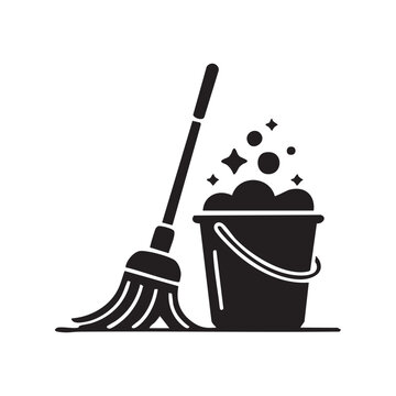 Mop and cleaning bucket with soap bubbles illustration