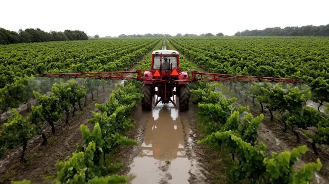 Red agricultural tractor actively spraying vibrant green grapevines within the muddy rows of a vast vineyard under an overcast sky