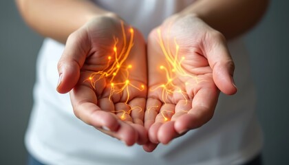 Hands hold glowing neural network or nerve cells. Abstract concept for science, medicine, biology, and brain function. Shows connection, thought, and health.