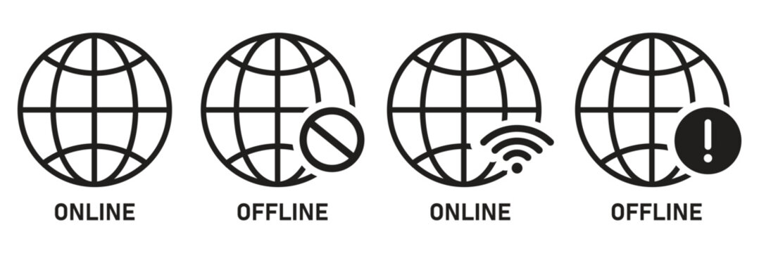 Online and Offline Internet Connection Icon Set &ndash; Globe with Good and No Signal Symbols in Red and Green