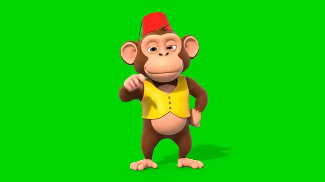 Playful cartoon monkey wearing a fez and vest, pointing forward with a mischievous expression on a green screen background, perfect for animation and creative projects