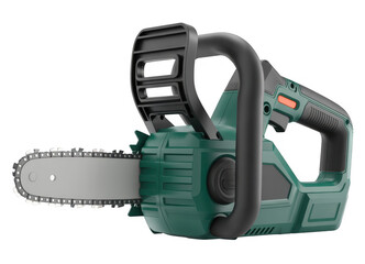 Naklejka premium Green and black electric chainsaw with orange button isolated on a transparent background