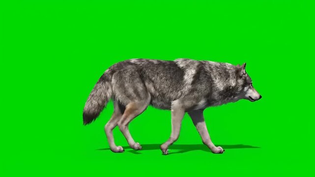 Majestic gray wolf, a wild canine predator, confidently walks across a vibrant green screen, providing versatile footage for compositing and visual effects projects