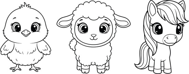 Cartoon Farm Animal Silhouettes Featuring Chick, Lamb, and Pony for Coloring Books, Educational Materials, and Kids’ Design Projects © Yeasrin
