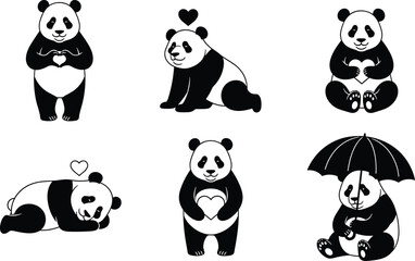 Naklejka premium Cartoon Panda Silhouette Collection Featuring Heart Motifs and Cute Poses for Love, Affection, and Kids’ Design Projects