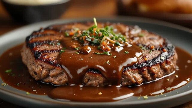 Salisbury Steak, a classic comfort food made with seasoned beef patties and rich brown gravy, mp4 video