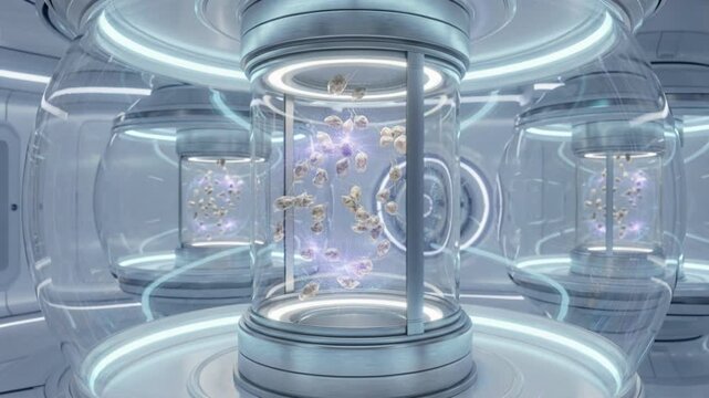 Zero‑gravity germination chamber with floating seed clusters, holographic nutrient fields, soft white‑blue illumination and transparent spherical lab modules.