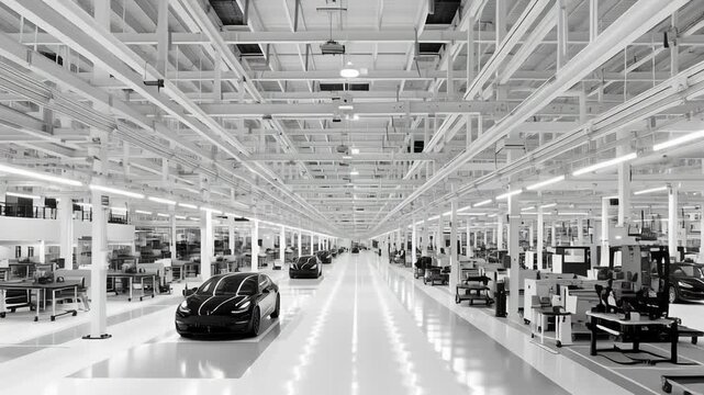 A large, empty room with a black car in the middle. Wide-angle view of electric vehicle factory interior, linear production flow, minimalist car industrial architecture