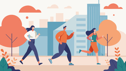 Three stylized figures jogging in a city park setting with modern buildings and colorful trees, showcasing an active lifestyle in an urban environment