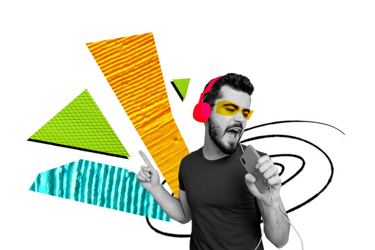 Composite photo collage of happy excited guy gold iphone device wear wired headphones music relax dance isolated on painted background