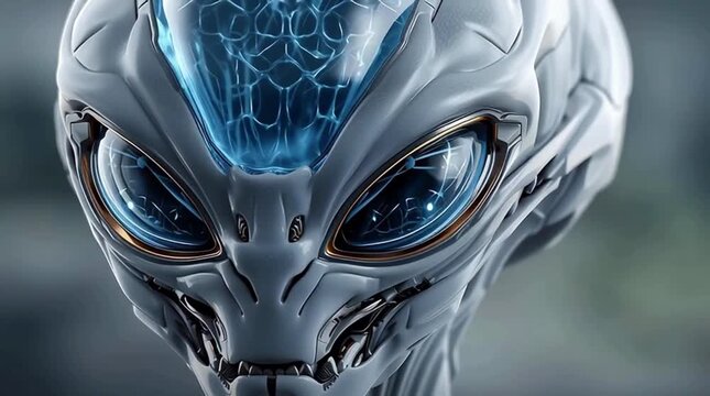 Digital ufo lifeform with symmetrical alien face glowing blue eyes advanced artificial intelligence futuristic sci fi entity concept