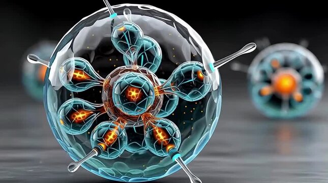 Digital ufo lifeform with transparent energy sphere glowing core cellular alien intelligence autonomous futuristic sci fi entity concept