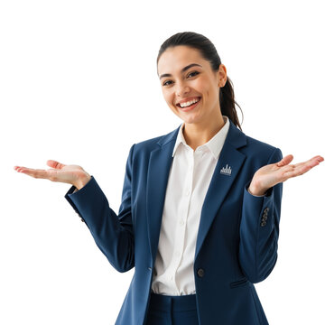 Confident corporate professional woman presenting dual options with an engaging smile and open hands