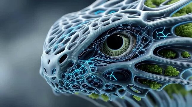 Digital ufo lifeform with organic lattice skin single alien eye bio digital intelligence floating futuristic sci fi entity concept