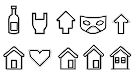 Obraz premium Diverse Collection of Outlined Icons for Web and App Design, Featuring Symbols like Houses, a Heart, Bottle, Mask, and Arrows. Simple UI Elements.