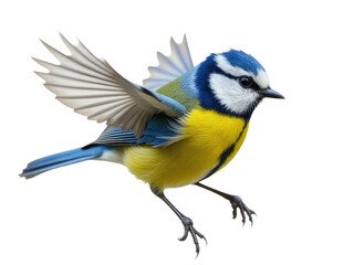 Naklejka premium A blue and yellow bird with its wings spread wide, ready for flight