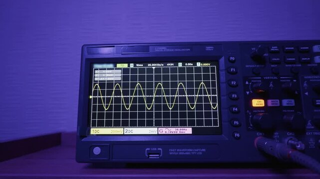A digital storage oscilloscope displays a yellow sine wave signal on a gridded screen in a blue-lit lab. Camera pans across the device used for electronic testing and engineering.
