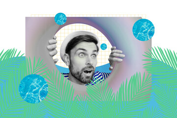 Composite photo collage of astonished guy peek hole buoy pillow swim sea vacation palms resort...