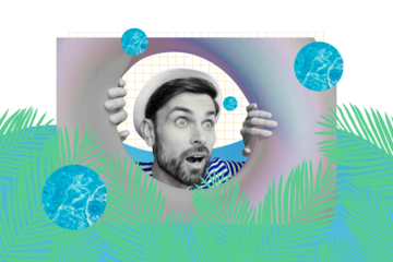 Composite photo collage of astonished guy peek hole buoy pillow swim sea vacation palms resort sailor ocean isolated on painted background