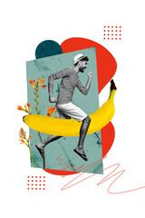 Vertical photo collage of happy man run yellow banana tropical fruit exotic nutrition wildflower bloom isolated on painted background