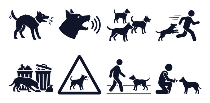 Stray dog danger icon set. Stick figure black silhouettes - barking attack, aggressive pack, chasing human, scavenging trash, warning sign. Flat vector pictograms