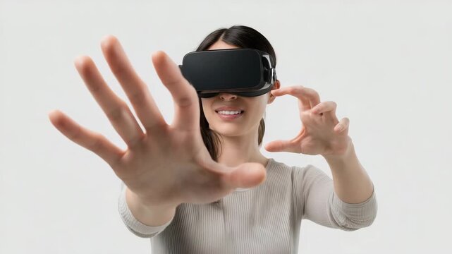 a woman wearing VR headset making an interaction gesture with hands, one hand reaching forward as if touching virtual interface, dy 4K