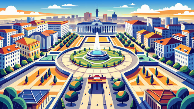 Very beautiful aerial perspective of Unirii Square reveals symmetrical boulevards, fountains, and surrounding city blocks, emphasizing the grand urban scale and modern character of Bucharest&rsquo;s central