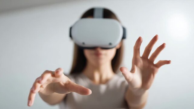 a modern VR headset interacting with virtual interface, hands reaching forward, realistic fingers and knuckles, sharp focus on headset texture and hands  4K