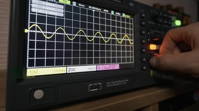 An engineer's hand adjusts the controls on a digital oscilloscope, changing the waveform's parameters on the screen. Concept of electronics testing, signal analysis, and laboratory research.