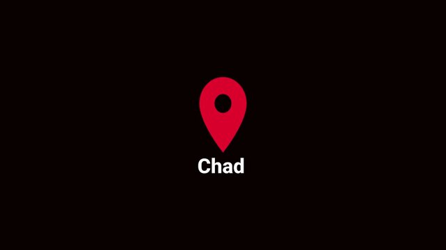Abstract Chad map location pin animation. Country location pin pointer icon animated on black background, GPS location tracking animation. 4K video	
