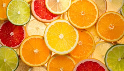 Obraz premium Sliced citrus fruits, including oranges, limes, and grapefruits, create a colorful arrangement