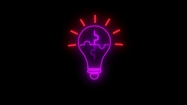 Purple Neon Light Bulb Icon with Puzzle Pieces and Red Rays on Black Background idea jigsaw
