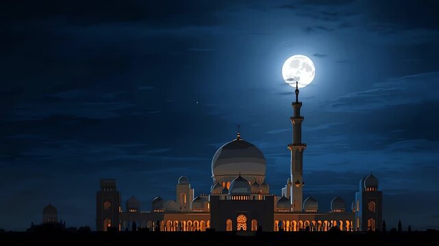 Grand Mosque silhouette under a bright full moon night sky