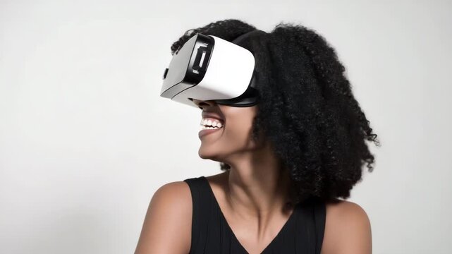 african woman wearing a VR headset laughing naturally, candid lifestyle emotion, less glossy retouch, realistic skin pores, slight natural 4K