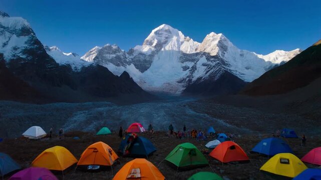 8K Everest Style: Cinematic vertical drone view of colorful mountaineering base camp against a backdrop of massive snowy peaks