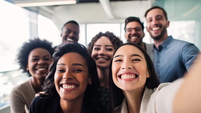 diverse colleagues laughing after taking a selfie in a bright office, candid authentic emotions, relaxed business casual clothing 4K - Powered by Adobe