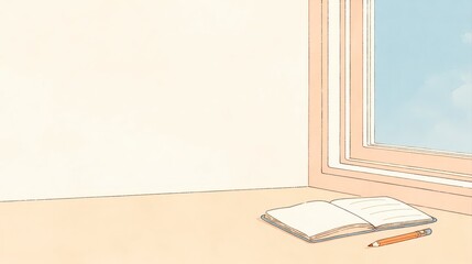 窓辺の机に置かれた本のイラスト 余白背景